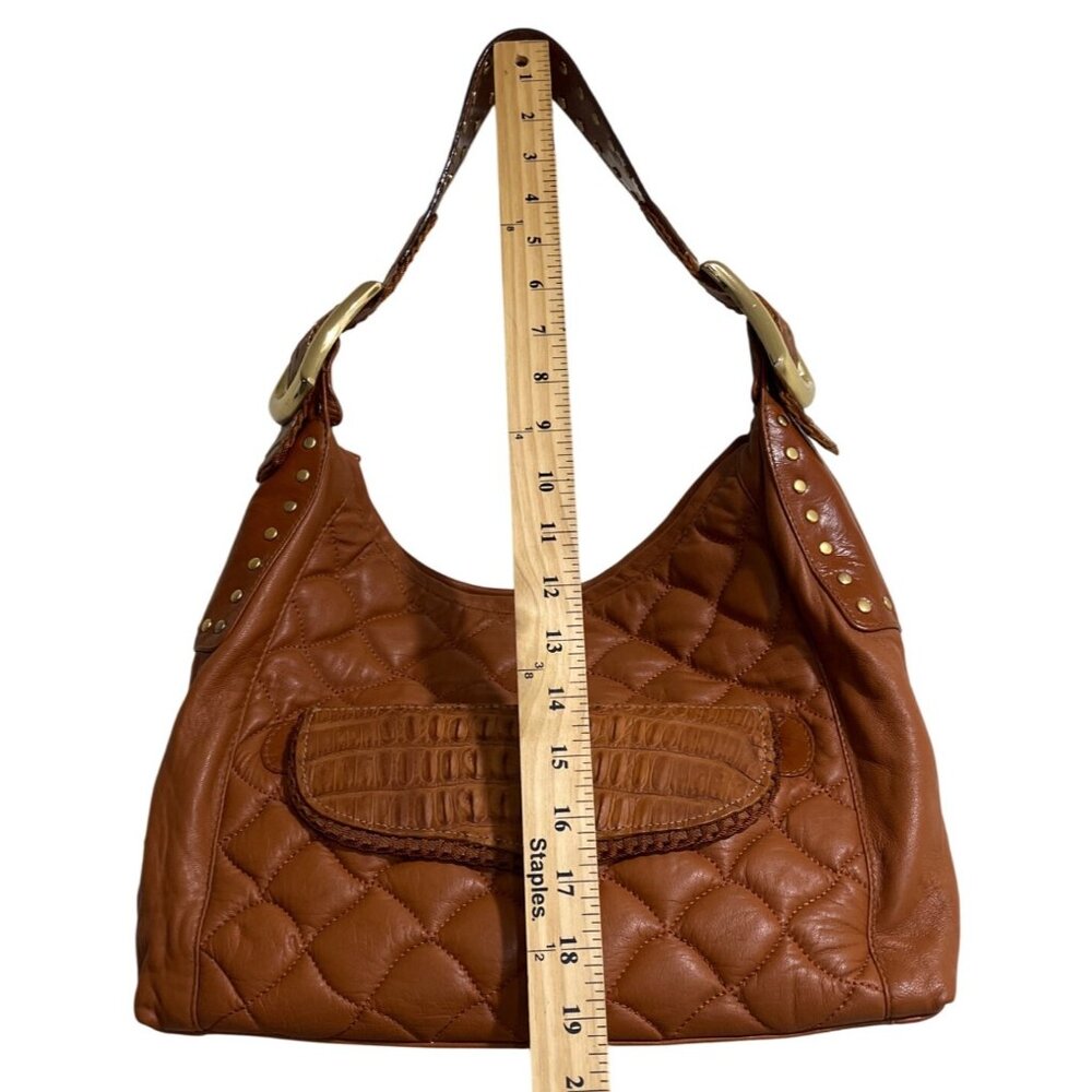 Chi Carlos Falchi Quilted Brown Leather Shoulder Bag Gold-Studded Strap Buckle - Picture 5 of 8